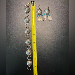 Turquoise, sterling silver bracelet and dream catcher earrings.